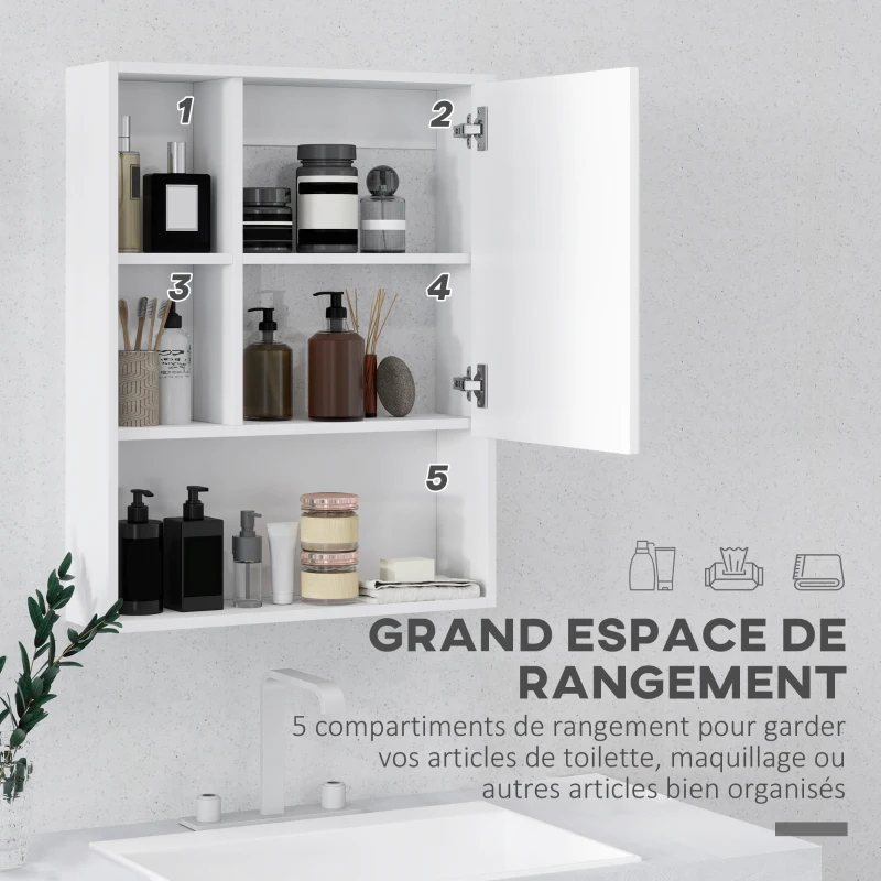 kleankin Armoire murale salle de bain avec miroir, meuble salle de bain, 5 compartiments et étagère réglable, 60x15x76cm, blanc