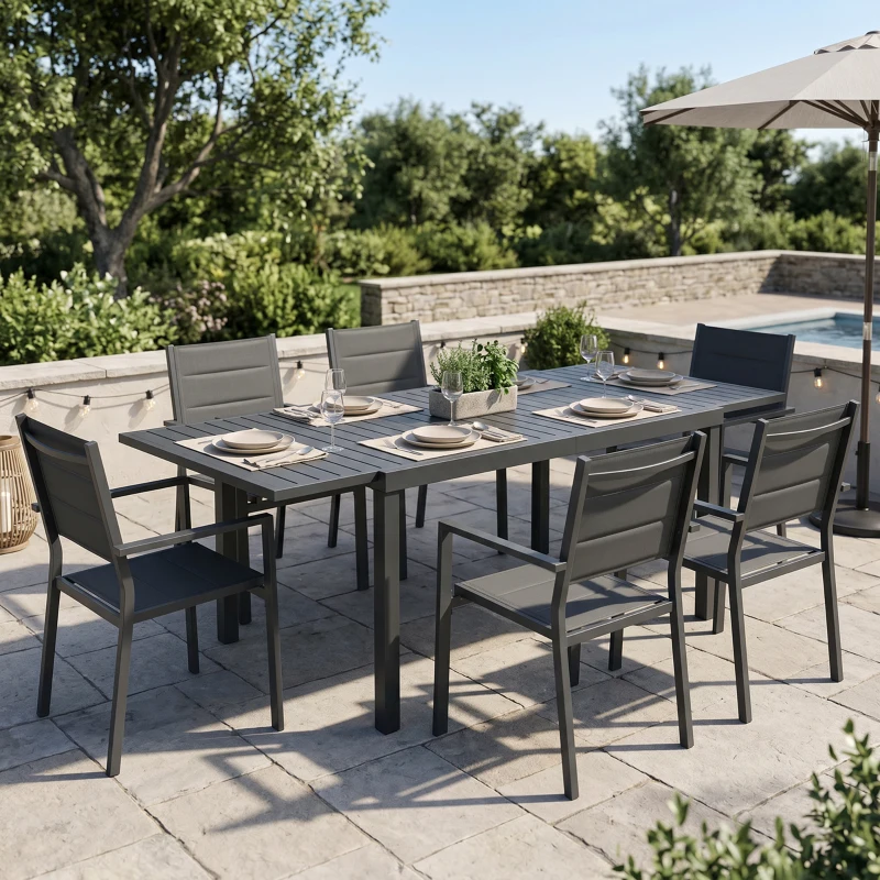 Outsunny Masă de Grădină Extensibilă pentru 6-8 Persoane, Aluminiu cu Blat cu Lamele, Negru