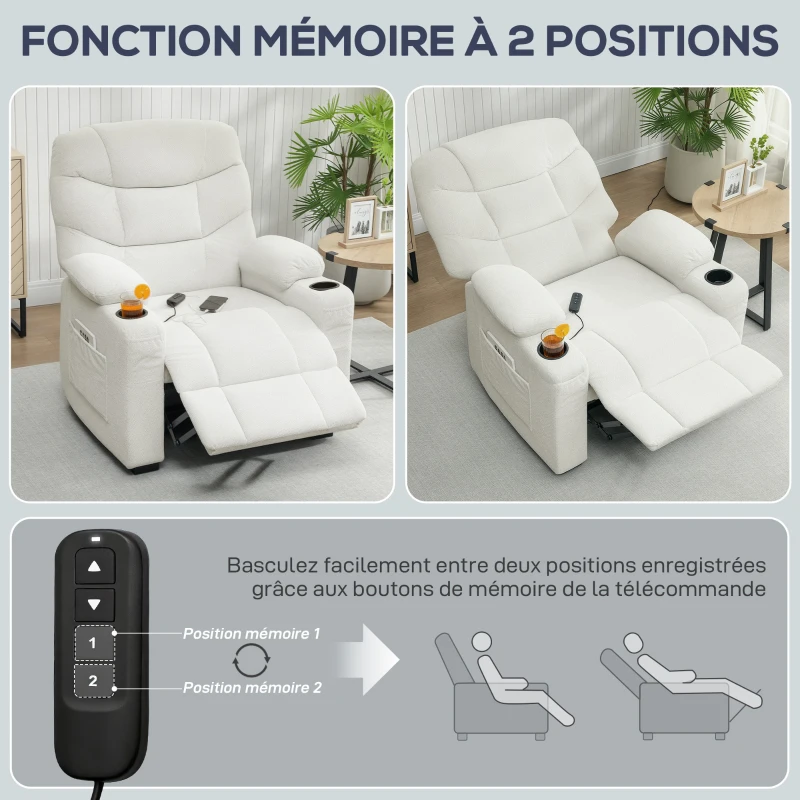 HOMCOM Fauteuil relax électrique, fauteuil inclinable, port USB, repose-pieds, porte-gobelets, 94 x 90 x 105 cm, crème