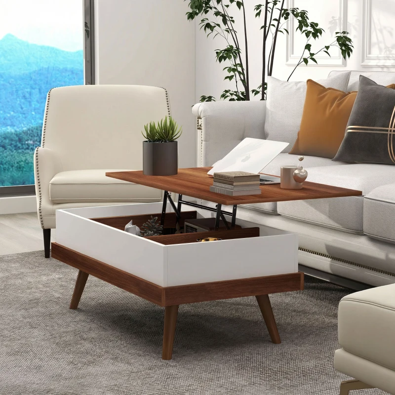 HOMCOM Mesa de Centro Elevatória com 3 Compartimentos de Armazenamento Ocultos e Pés de Madeira 100x79x54 cm Marrom e Preto