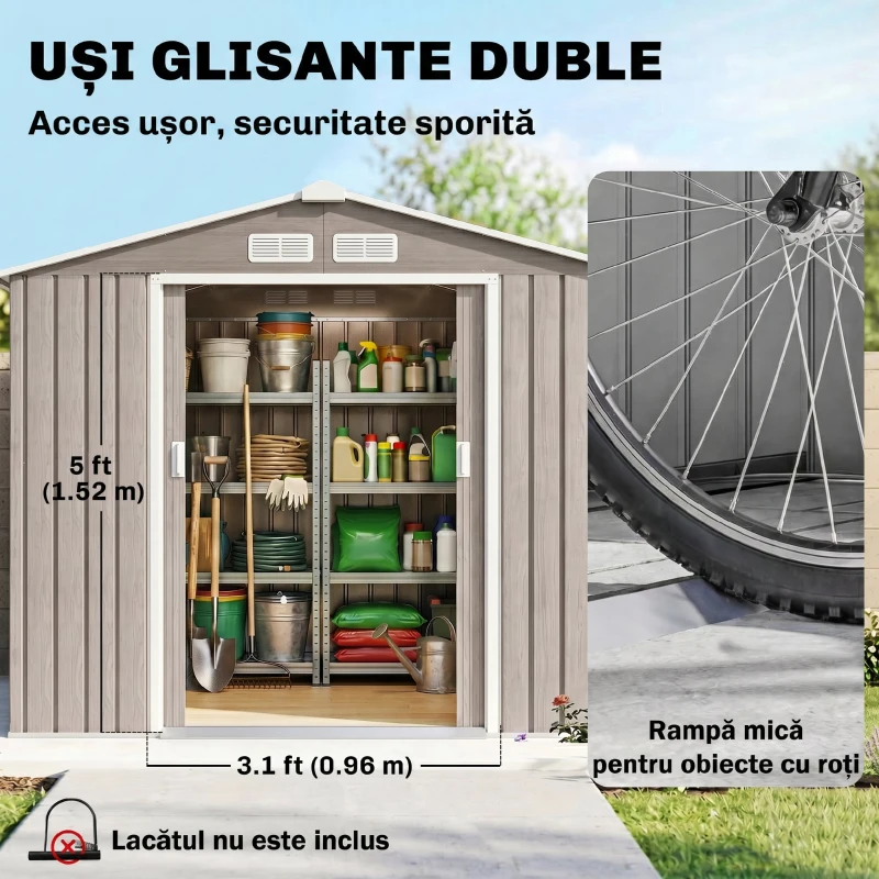 Outsunny Căsuță de Grădină din Metal cu Guri de Aerisire și Uși Duble Culisante, 2,1x1,3m, Maro Deschis(m-5)