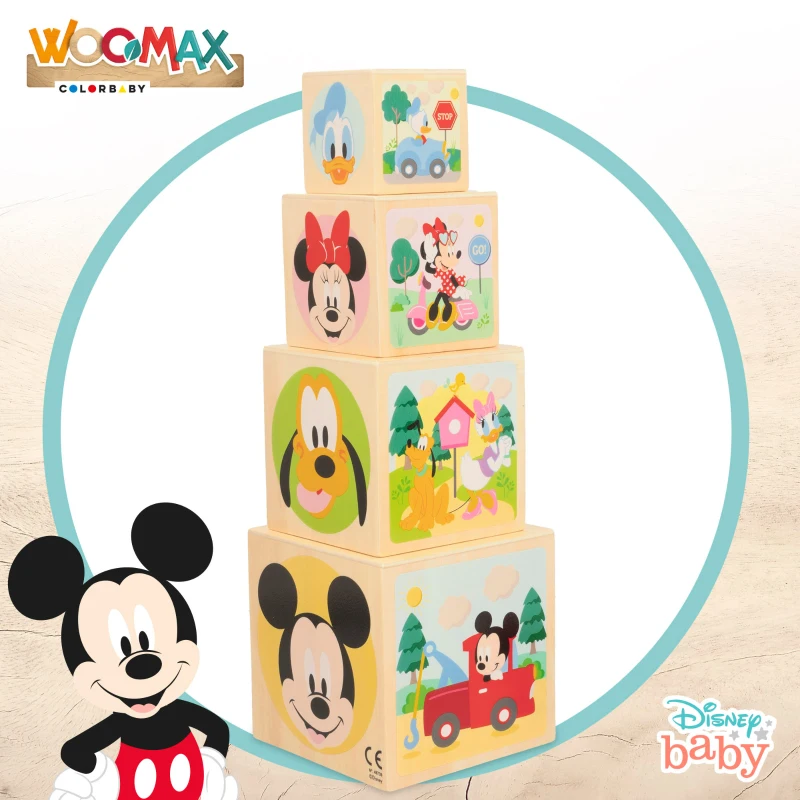 Torre de Cubos de Madera Disney Apilables con Figuras Geométricas, 13x13x23,5 Cm, Multicolor