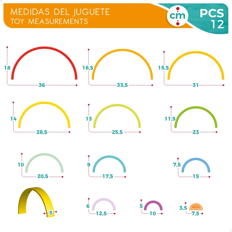 Arcoíris de Madera WOOMAX XL 11 Piezas Educativo, 36,5x6x18,5 Cm, Multicolor