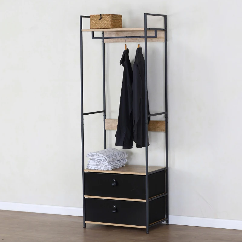 Armario Abierto Estructura Metálica y Cajones Plegables, 60x40x175 Cm, Negro y Madera