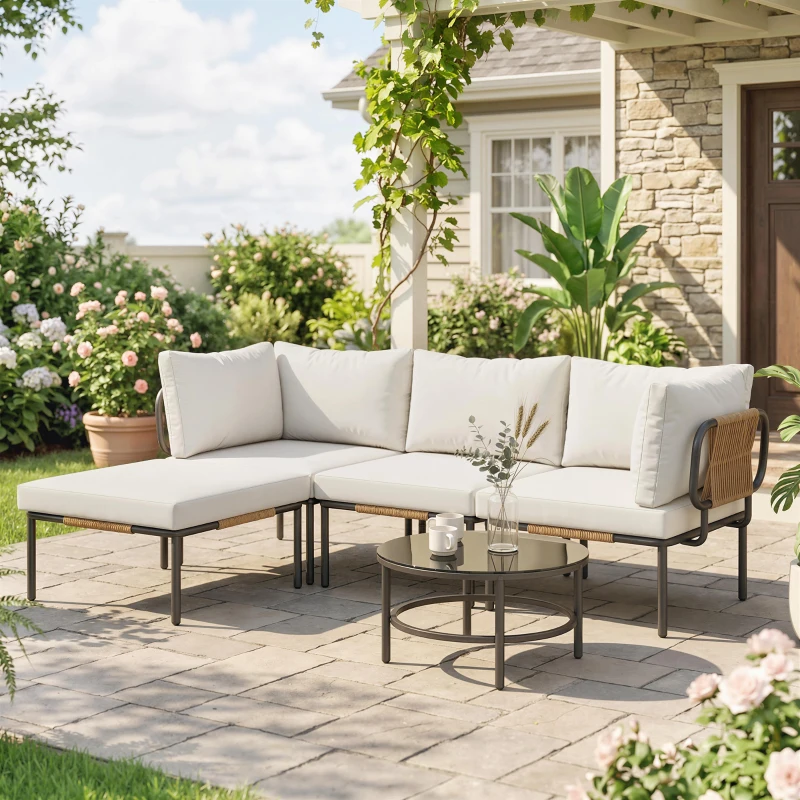 Outsunny Set Giardino 5 Pezzi, Rattan Componibile L con Cuscini, 192x126x60 cm, Colore Cachi