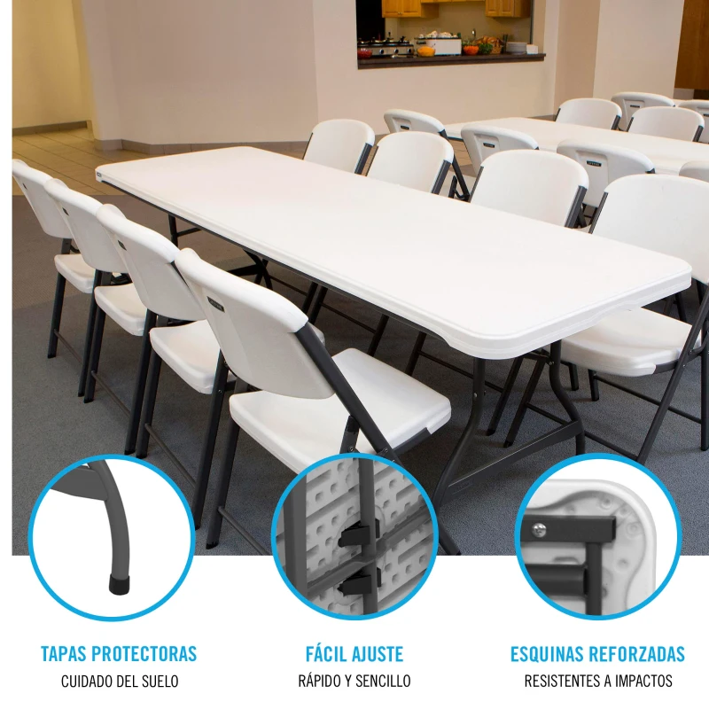 Mesa Rectangular Plegable con Estructura de Acero, 244x76x74 Cm, Blanco Efecto Granito