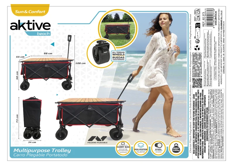 Carro Playa Aktive Plegable 2 en 1 con Mesa Desmontable, 35x27x75,5 Cm, Azul