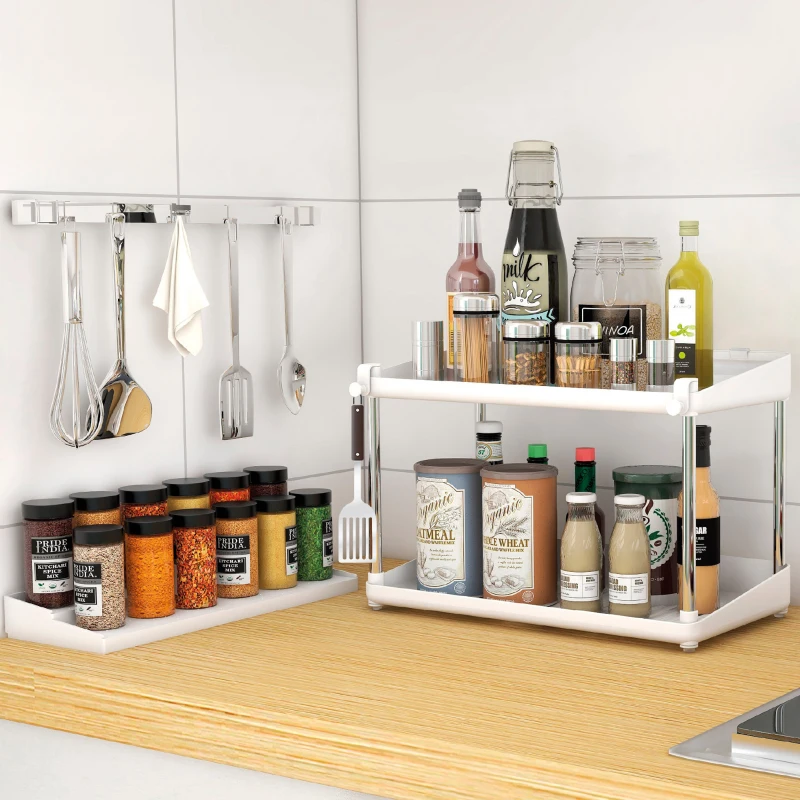 Pack 2 Organizadores de Especias Doble Altura con Bandeja Extraíble, 37,5x19x25,5 Cm, Blanco