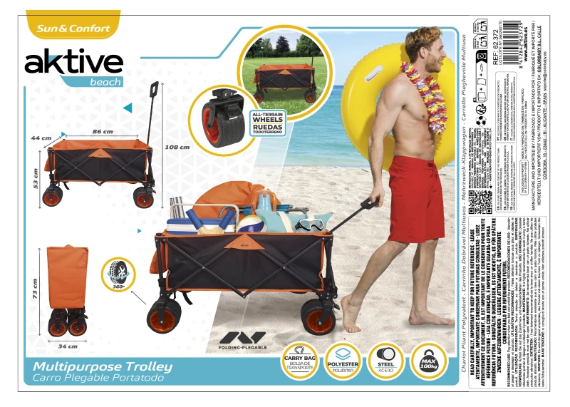 Carro Playa Plegable Aktive Ruedas 360º con Frenos Capacidad 100 Kg, 34x26,5x74,5 Cm, Azul