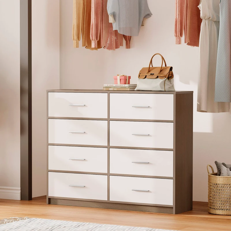 Cómoda 8 Cajones de Tela Plegables, 114x30x92 Cm, Madera y Blanco