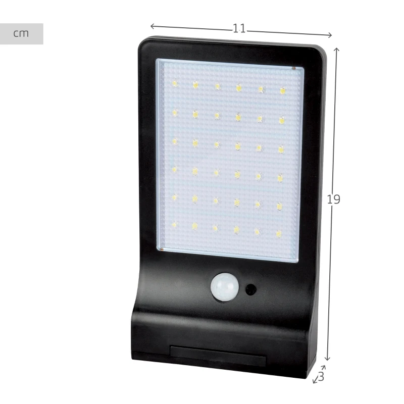 Foco Solar Exterior Aktive con Sensor de Movimiento 36 LED 300 Lúmenes, 11x3x19 Cm, Negro