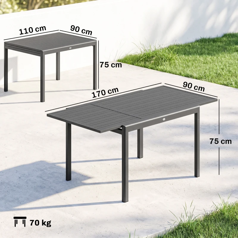 Outsunny Tavolo da Giardino Allungabile per 6-8 Persone con Piano a Doghe, in Alluminio, 110-170x90x75 cm, Grigio Scuro