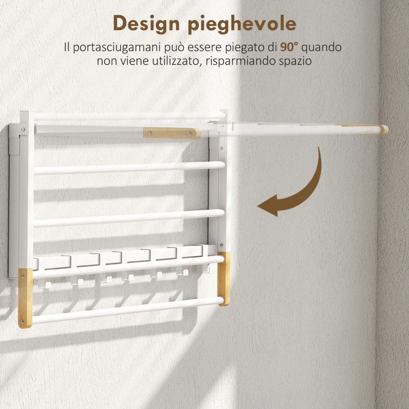 HOMCOM Portasciugamani a Parete Pieghevole con 5 Barre e 6 Ganci in Legno e Acciaio, 60x32.5x20 cm, Bianco