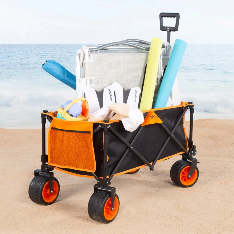 Carro Playa Plegable Aktive Ruedas 360º con Frenos Capacidad 100 Kg, 34x26,5x74,5 Cm, Azul