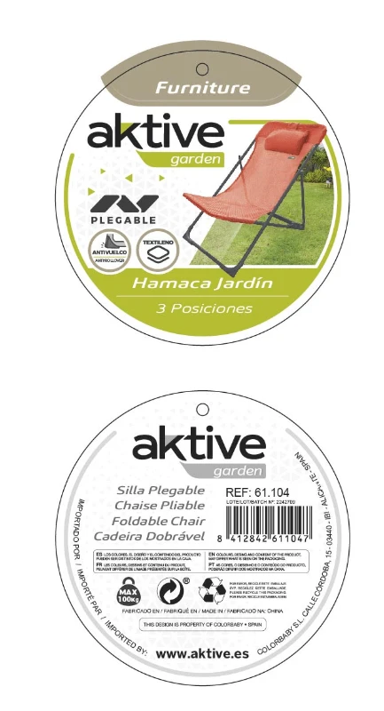 Silla Hamaca Plegable Multiposición con Cojín Aktive, 53x78x87 Cm, Naranja
