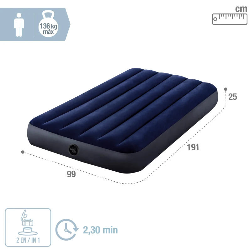Colchón Hinchable Individual Dura-Beam Classic Downy Fiber-Tech, 99x191x25 Cm, Gris