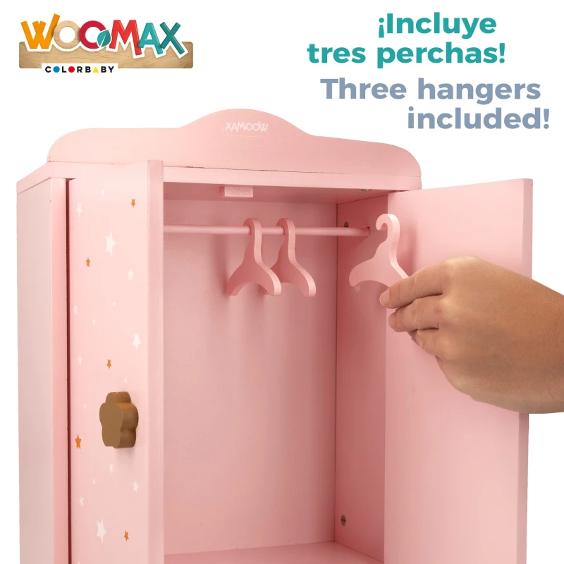Armario de Madera para Muñecas con 3 Perchas, 24x11x32,5 Cm, Rosa