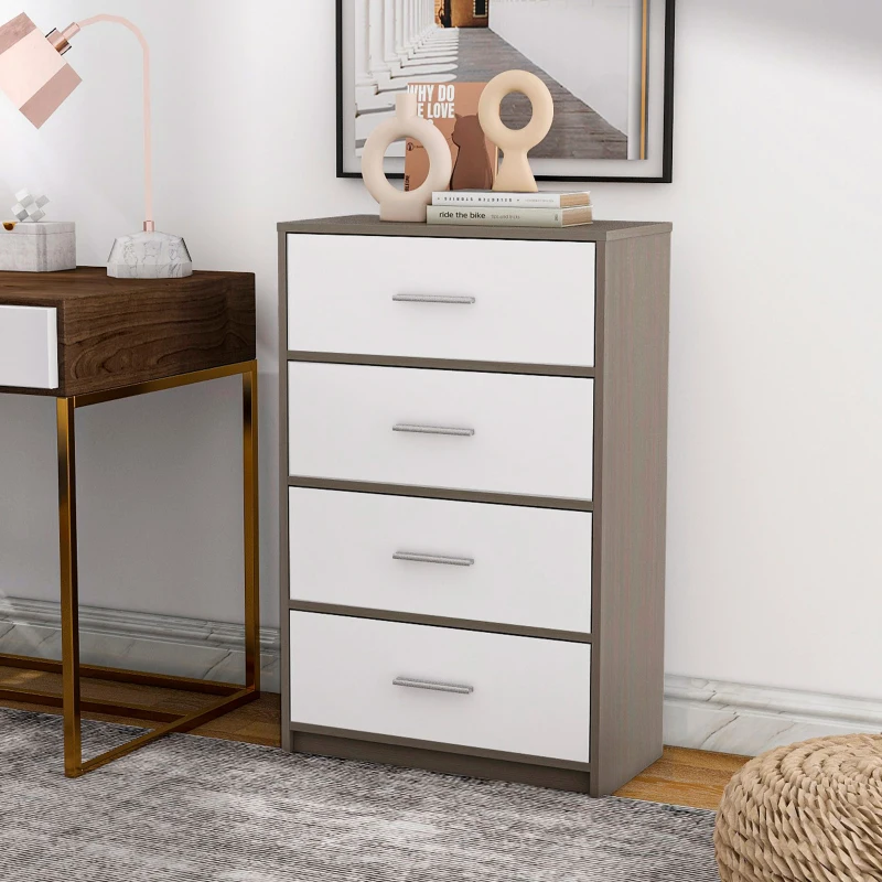 Cómoda Vertical 4 Cajones de Tela, 58x30x91 Cm, Blanco y Madera