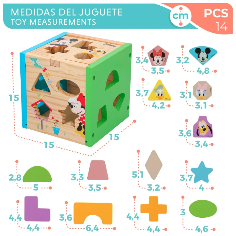 Cubo Encajable de Madera Disney, 13 Bloques, 15x15x15 Cm, Multicolor