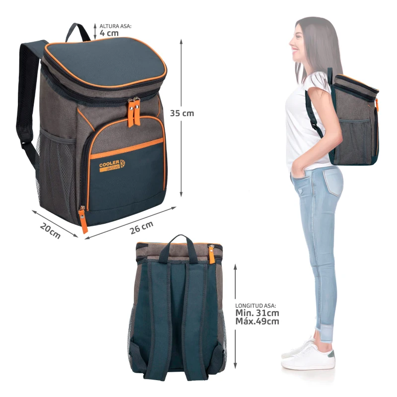 Mochila Nevera Térmica Aktive 15 L, 26x20x35 Cm, Gris/Azul/Naranja