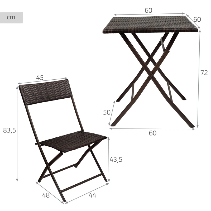 Conjunto Mesa y Sillas para Terraza Plegables de Ratán Sintético, 60x60x72 Cm, Marrón