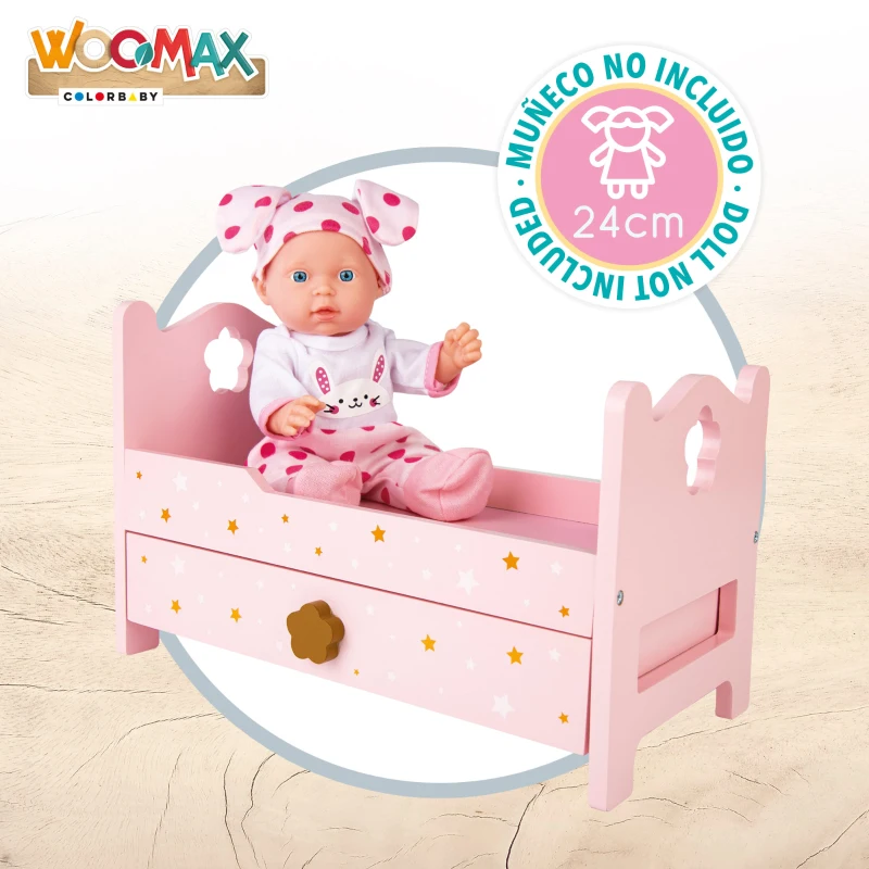 Cama para Muñecas de Madera con Cajón Extraíble, 31x16x20 Cm, Rosa