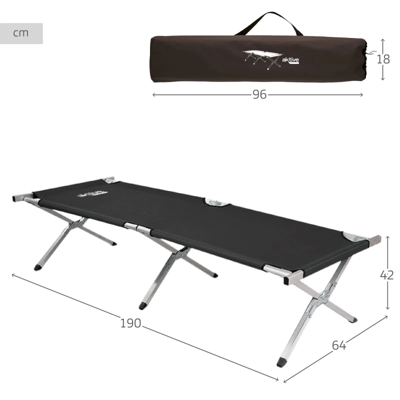 Cama Plegable Camping Aktive con Estructura de Aluminio, 190x64x42 Cm, Negro