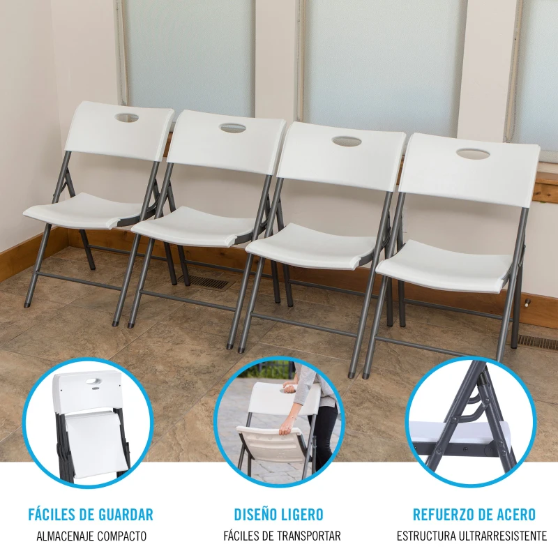 Pack 4 Sillas Plegables Lifetime Ligeras y Resistentes, 50x58x82,5 Cm, Blanco