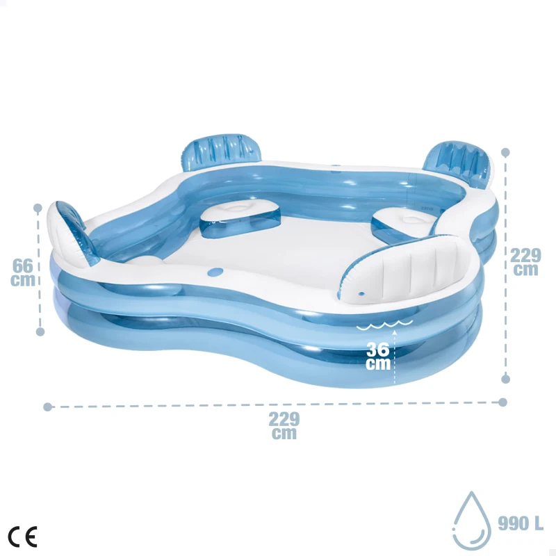Piscina Hinchable Familiar 4 Asientos con Respaldo y 2 Posavasos, 229x229x66 Cm, Azul