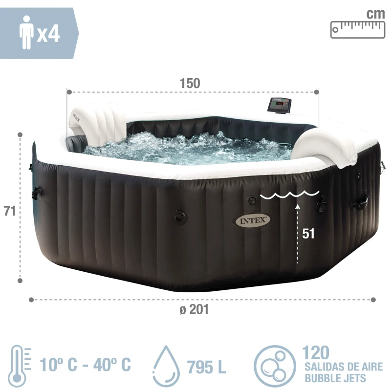 Spa Hinchable PureSpa Jet y Burbujas Deluxe 4 Personas, 201x201x71 Cm, Negro