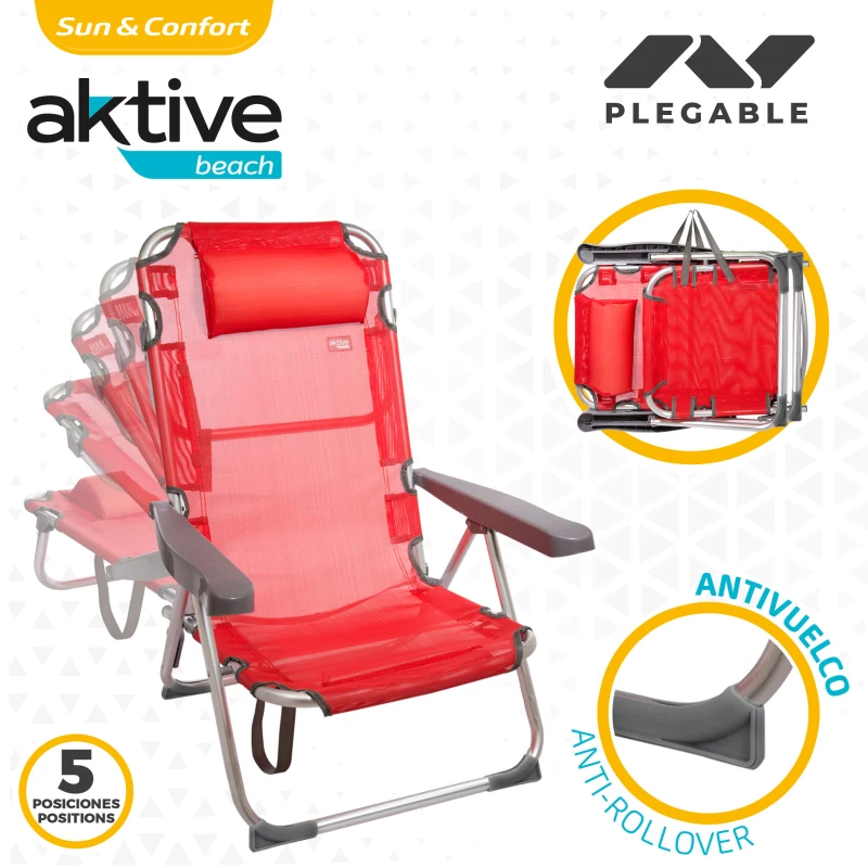 Silla Playera Plegable Multiposición con Cojín, 48x60x90 Cm, Rojo