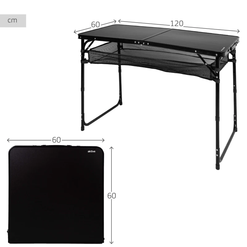 Mesa Plegable Camping Aktive Regulable 60-70 Cm con Red Extraíble, 63x8x64,5 Cm, Negra