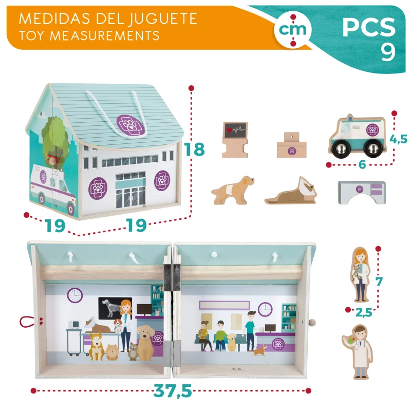Hospital Veterinario de Madera Maletín Portátil 9 Piezas, 19x19x18 Cm, Natural
