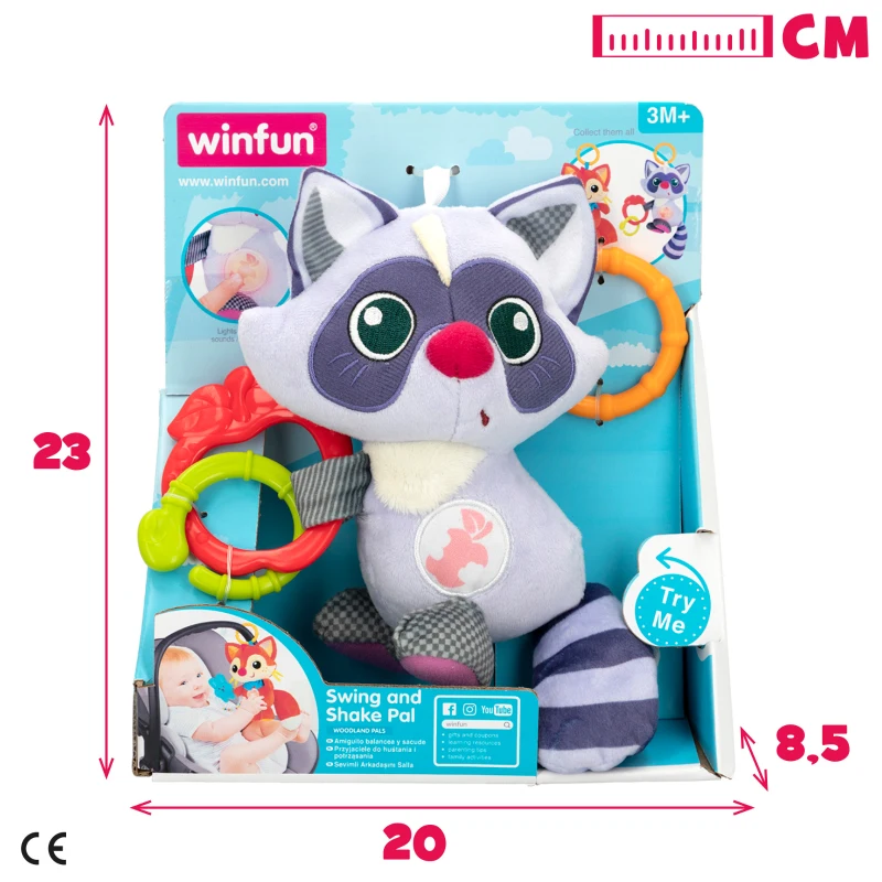 Peluche Sonajero Mapache Interactivo, 20x8,5x23 Cm, Gris