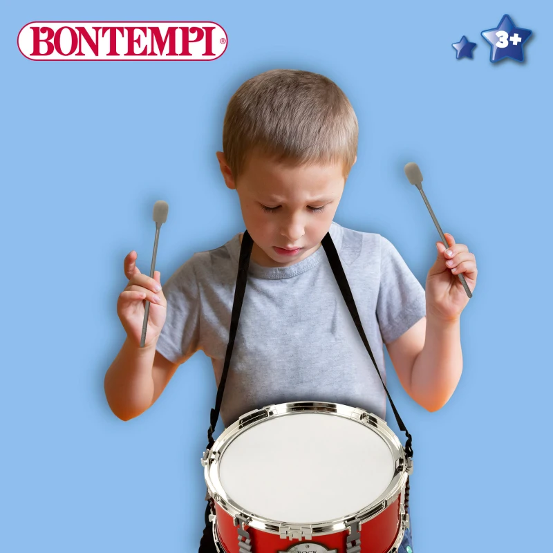 Tambor de Marcha Bontempi Doble Membrana con Baquetas y Correa, 30,5x13,5 Cm, Rojo