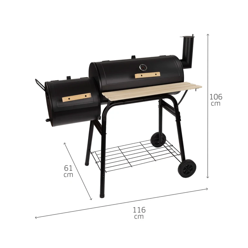 Barbacoa de Carbón Portátil Aktive, Ahumador con Termómetro y Ruedas, 116x61x106 Cm, Negro