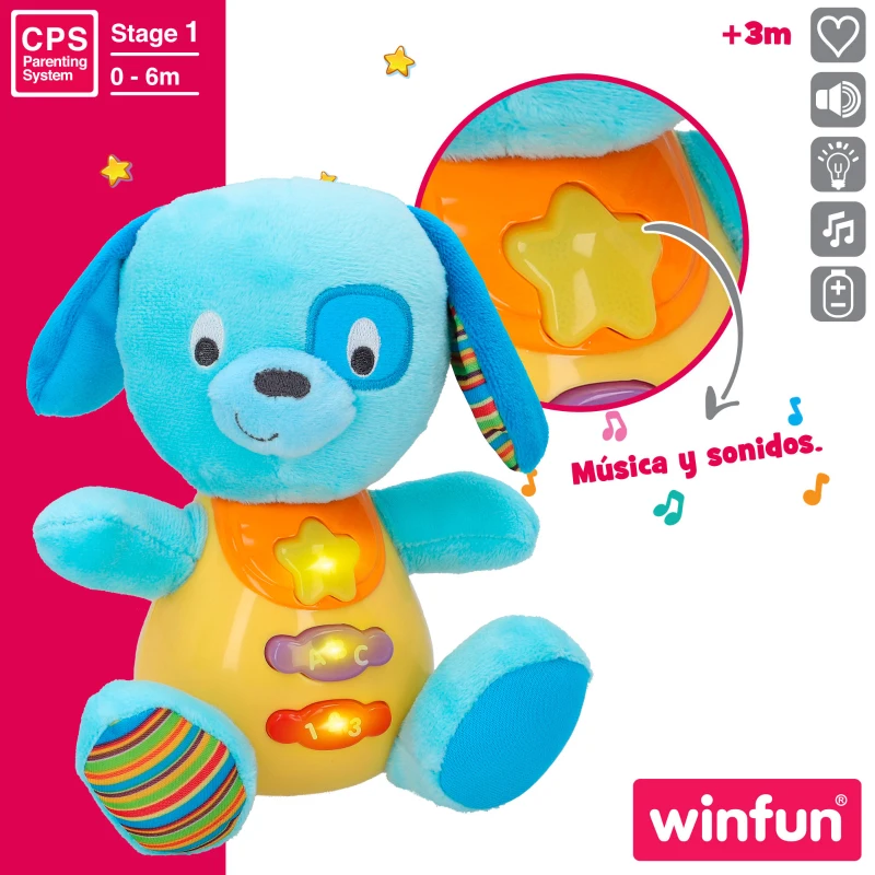 Peluche Perrito Winfun Interactivo con Luces y Sonidos, 15,5x11,5x16,5 Cm, Azul