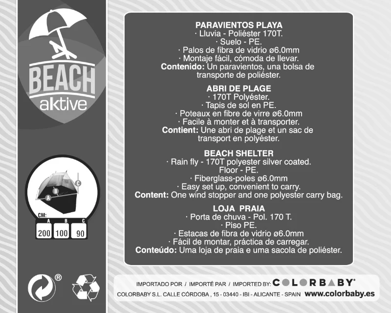 Tienda Paravientos Playa Impermeable para 2 Personas, 200x100x90 Cm, Gris