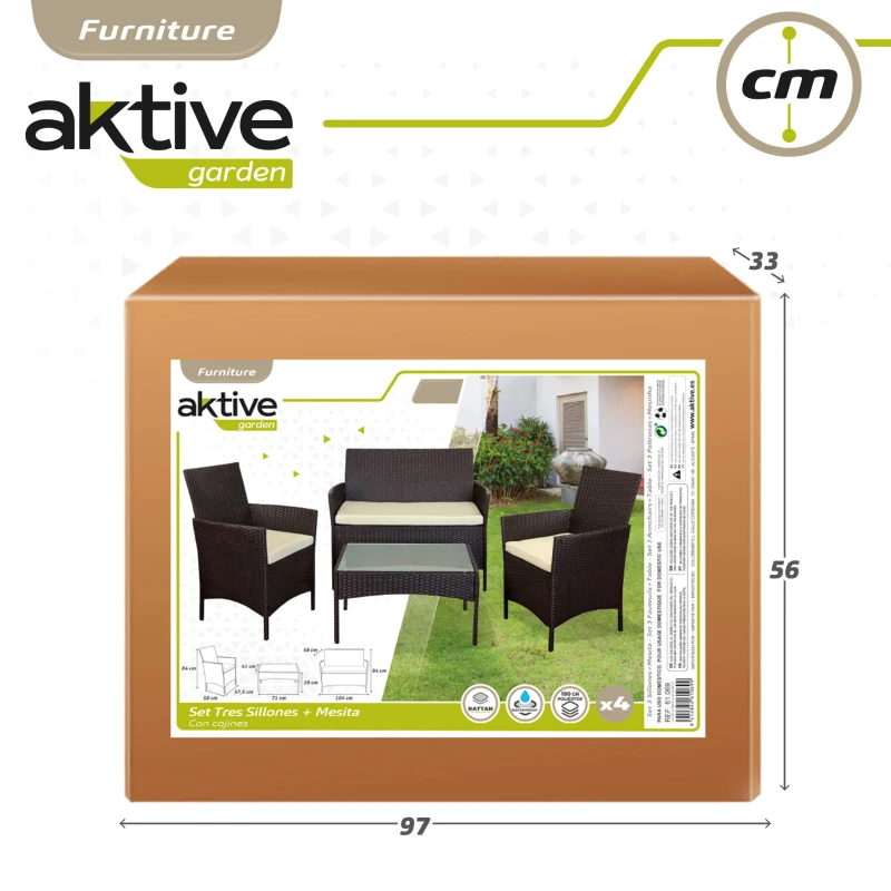 Conjunto Muebles para Jardín Ratán Sintético 3 Piezas Sillón 59x59x76 Cm, Marrón Oscuro