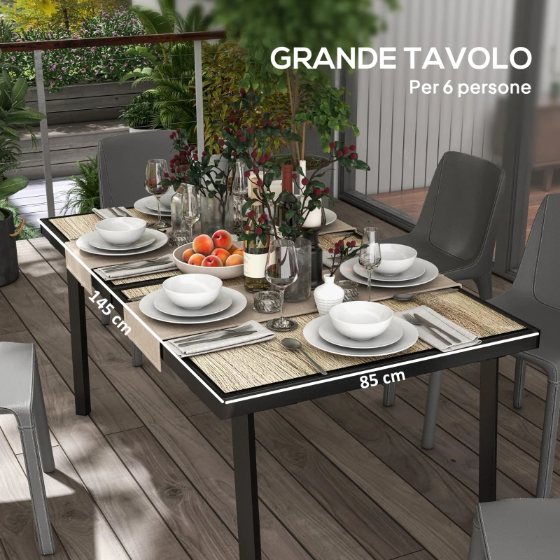 Outsunny Tavolo da Giardino Rettangolare per 6 Persone con Piano Effetto Legno, in Acciaio e PSPC, 145x85x72 cm, Grigio