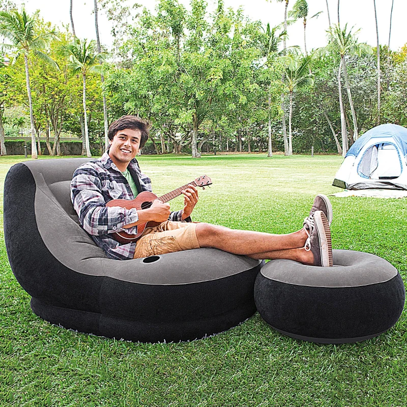 Sillón Hinchable con Reposapiés, 99x130x76 Cm, Gris