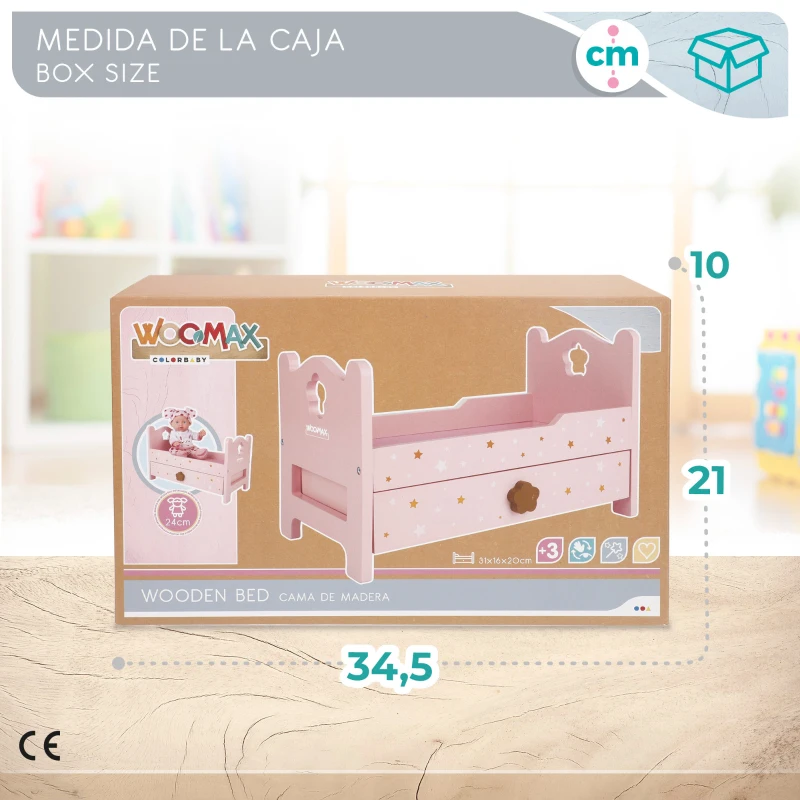Cama para Muñecas de Madera con Cajón Extraíble, 31x16x20 Cm, Rosa