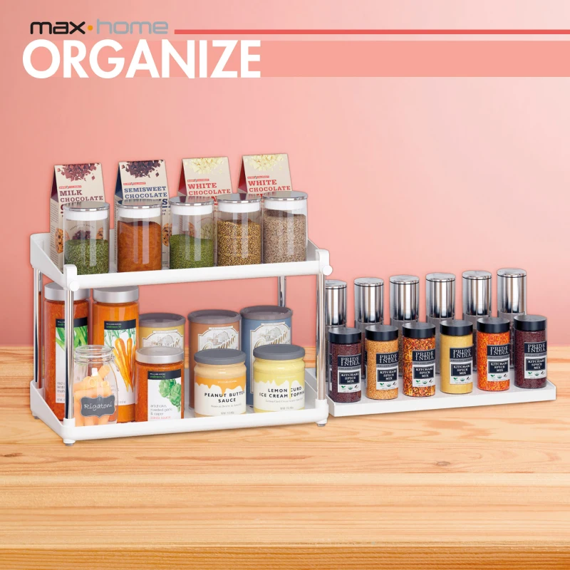 Pack 2 Organizadores de Especias Doble Altura con Bandeja Extraíble, 37,5x19x25,5 Cm, Blanco