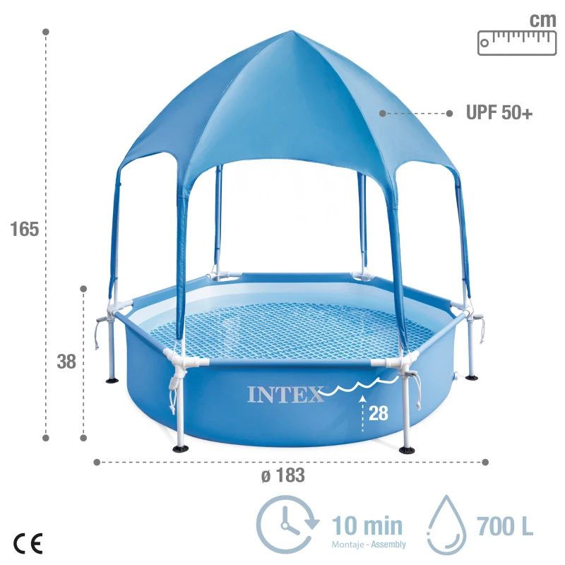 Piscina Desmontable Hexagonal 700 L con Toldo UPF 50+ y Estructura Metálica, 183x183x38 Cm, Azul