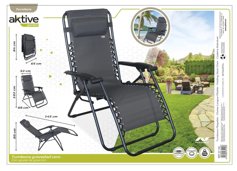 Silla Plegable Jardín Gravedad Cero 2 Posiciones, 86,5x13,5x67,0 Cm, Gris