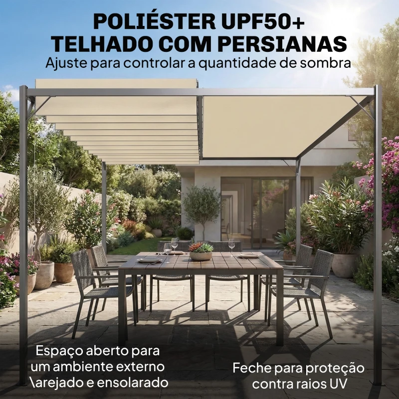 Outsunny Pérgola de Jardim 3x4 m com Proteção UPF50+ Gazebo com Teto Ajustável Estrutura de Metal para Exterior Branco Creme