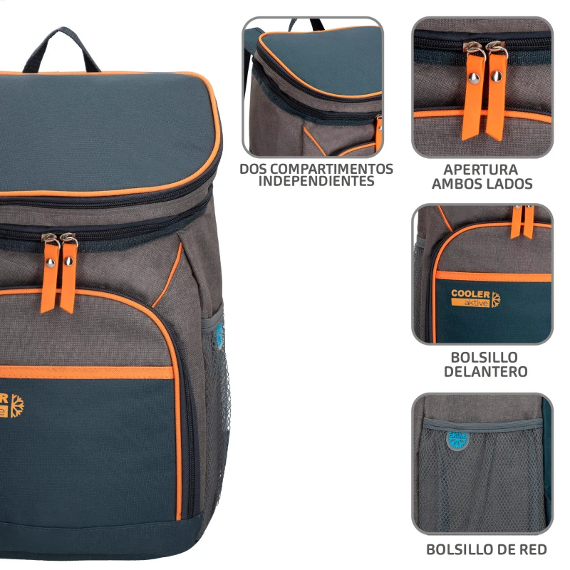 Mochila Nevera Térmica Aktive 15 L, 26x20x35 Cm, Gris/Azul/Naranja
