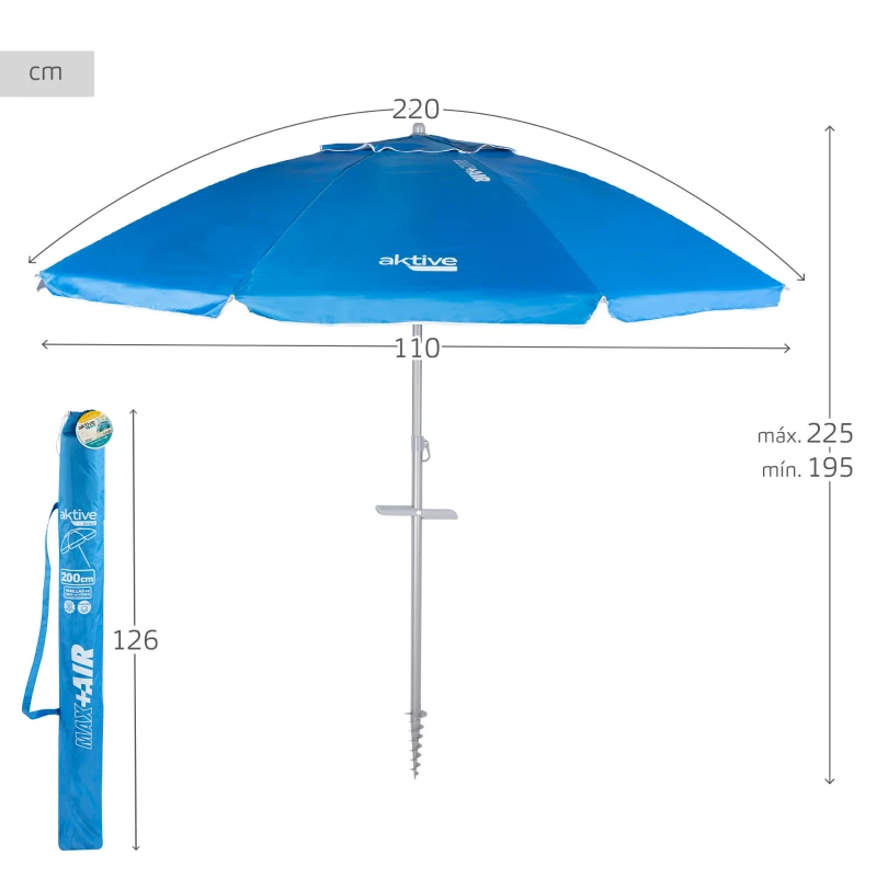 Sombrilla Playa Antiviento 8 Varillas Fibra de Vidrio, 210x195x225 Cm, Azul