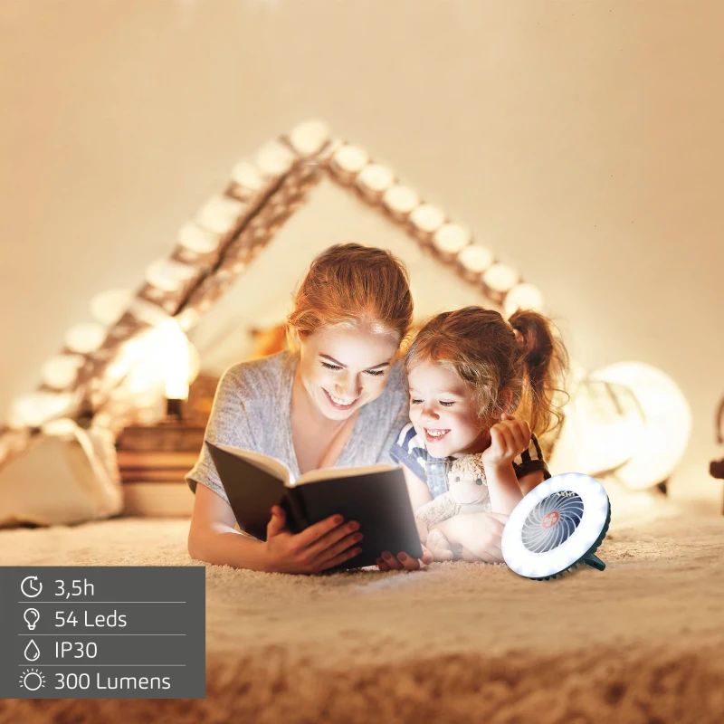 Lámpara LED Portátil 3 en 1 Recargable con Ventilador y Batería Externa, 17x6x17 Cm, Blanco