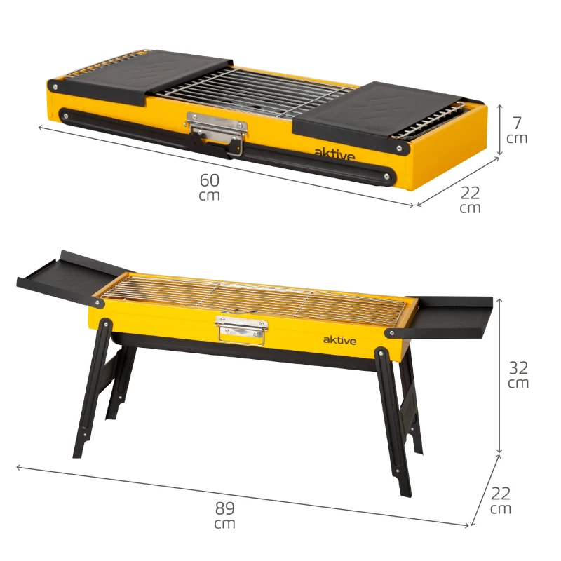 Barbacoa Plegable de Carbón, Bandejas Laterales, 89x22x32 Cm, Negro